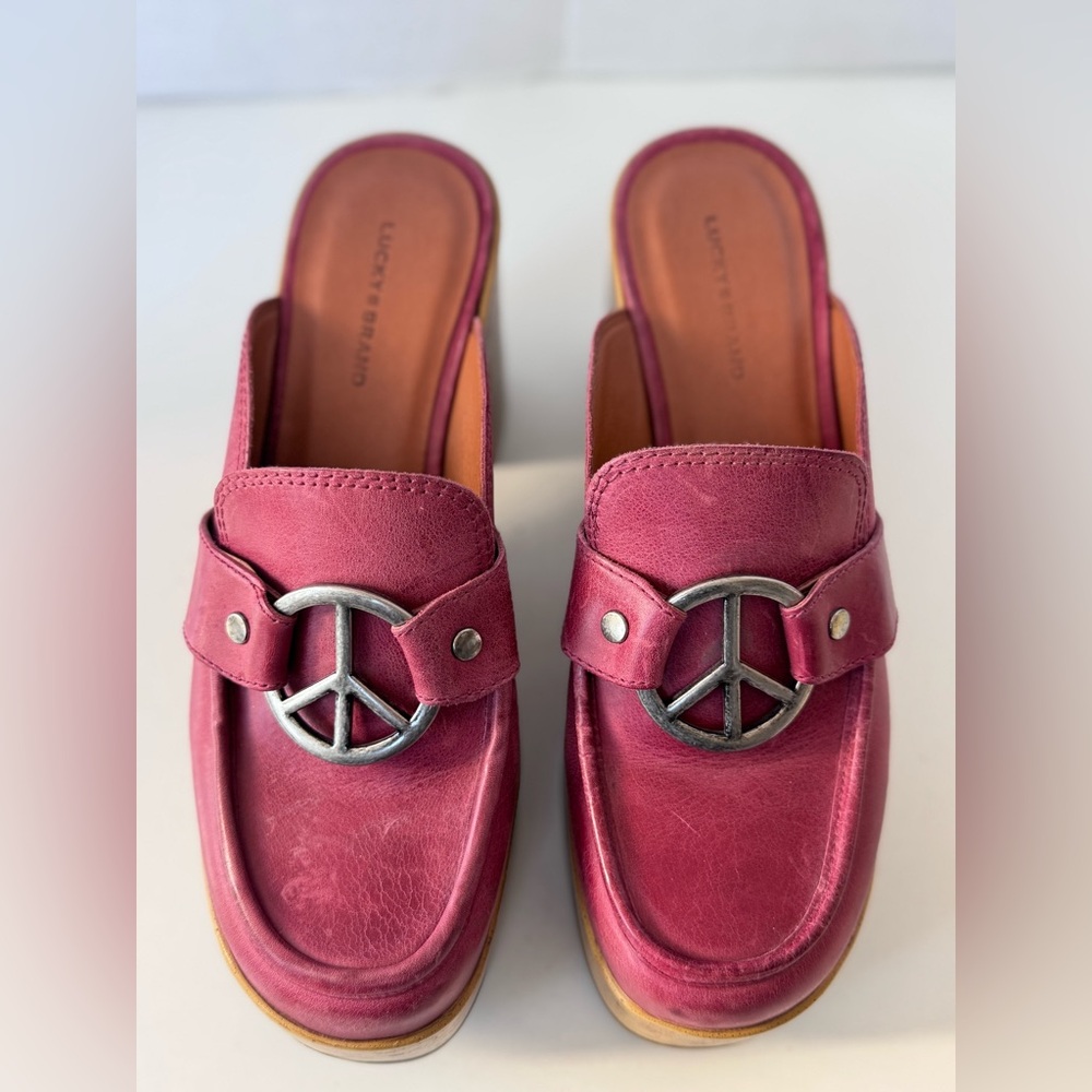 Lucky Brand Aleah Peace Sign Leather Wooden Chunky Platform Clog Mule Shoes 9 - Picture 4 of 12